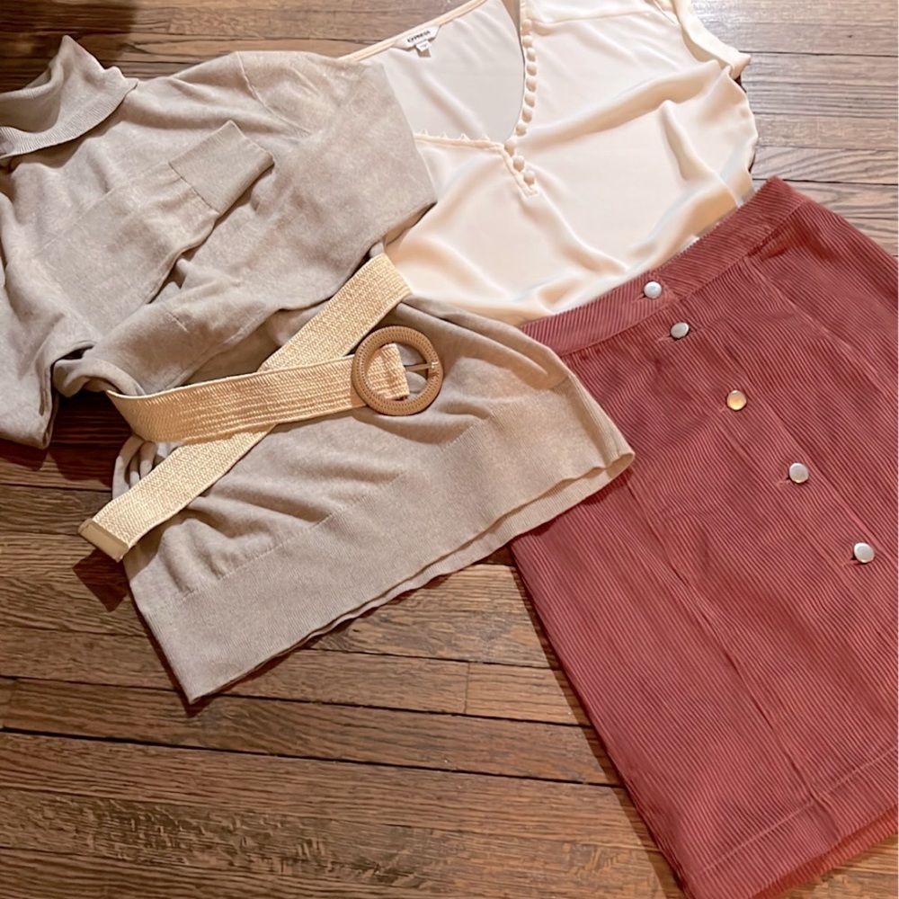 Three pieces two outfits! Sweater, belt, blouse, skirt